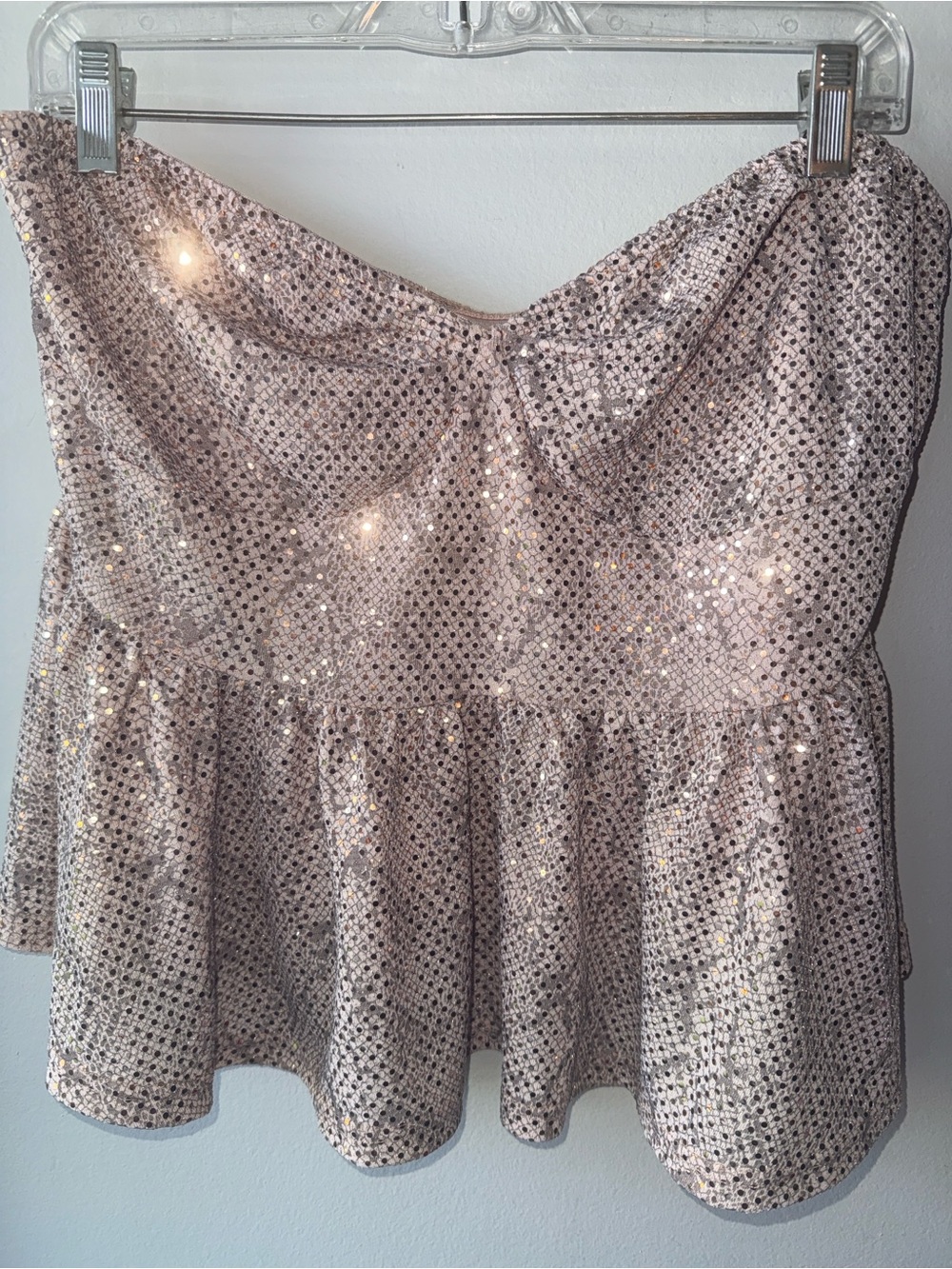 Sequin Strapless Peplum Top in Blush Sparkle